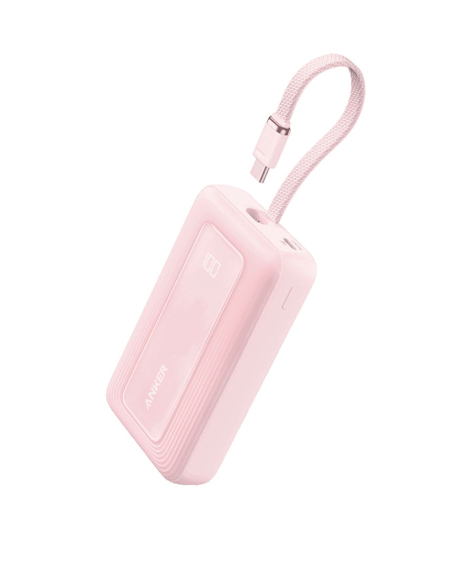Pink portable power bank with built-in USB-C charging cable