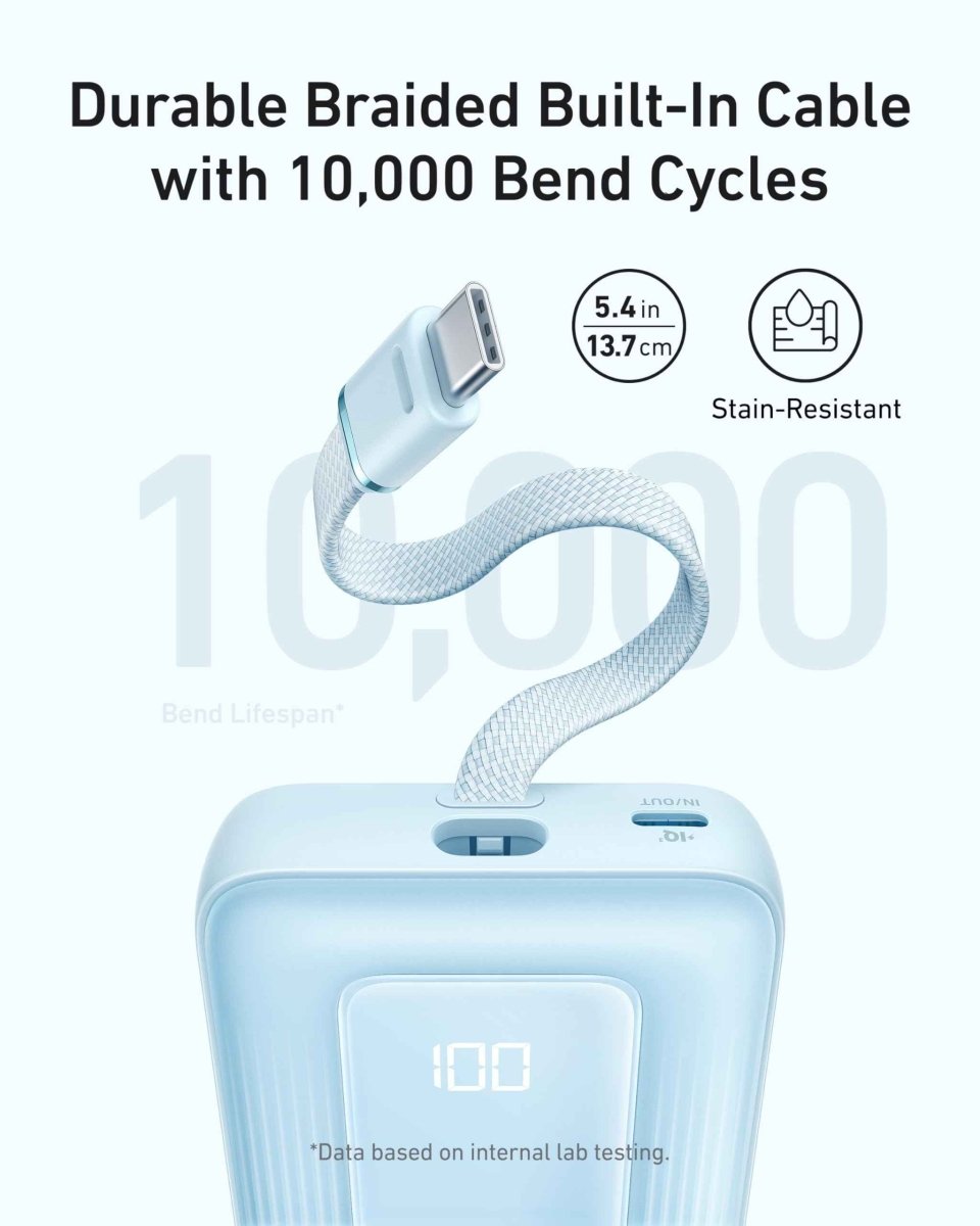 Anker Zolo Power Bank (10K, 30W) with a 5.4 - inch (13.7 cm) built - in USB - C cable. - Cartsfy Inc.