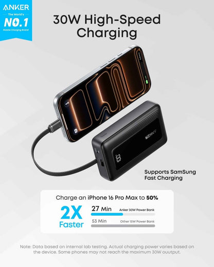 Anker Zolo Power Bank (10K, 30W) with a 5.4 - inch (13.7 cm) built - in USB - C cable. - Cartsfy Inc.