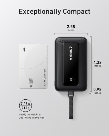 Anker Zolo Power Bank (10K, 30W) with a 5.4 - inch (13.7 cm) built - in USB - C cable. - Cartsfy Inc.