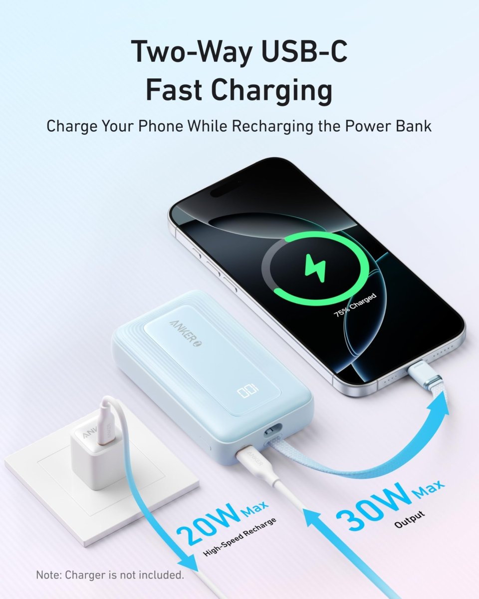 Anker Zolo Power Bank (10K, 30W) with a 5.4 - inch (13.7 cm) built - in USB - C cable. - Cartsfy Inc.