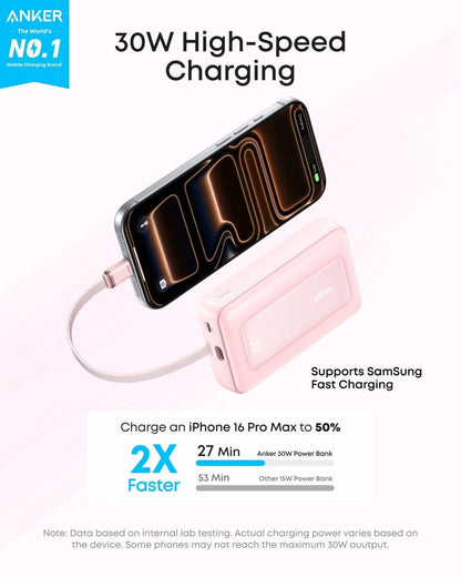 Anker Zolo Power Bank (10K, 30W) with a 5.4 - inch (13.7 cm) built - in USB - C cable. - Cartsfy Inc.