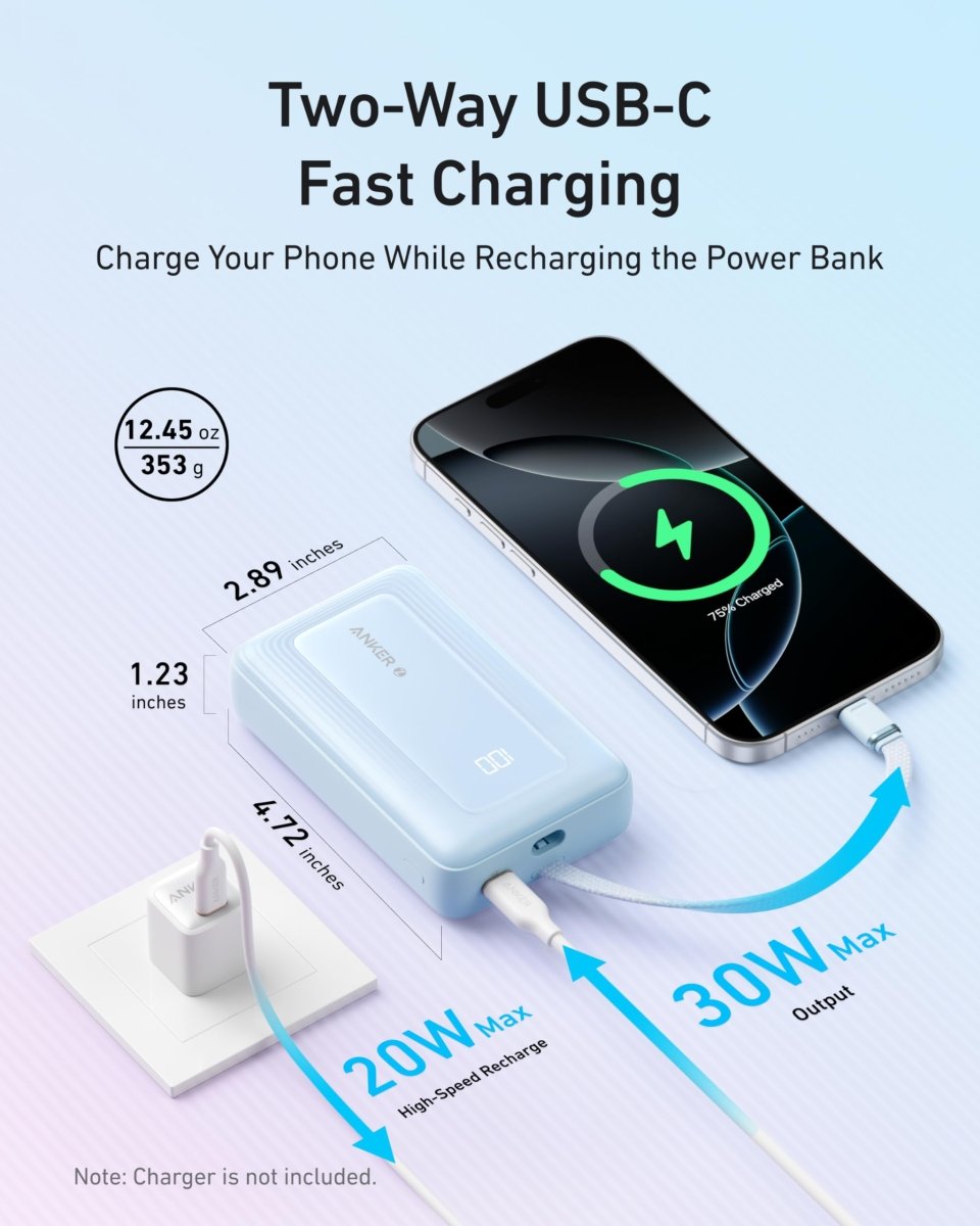 Anker Zolo Power Bank (10K, 30W) with a 5.4 - inch (13.7 cm) built - in USB - C cable. - Cartsfy Inc.