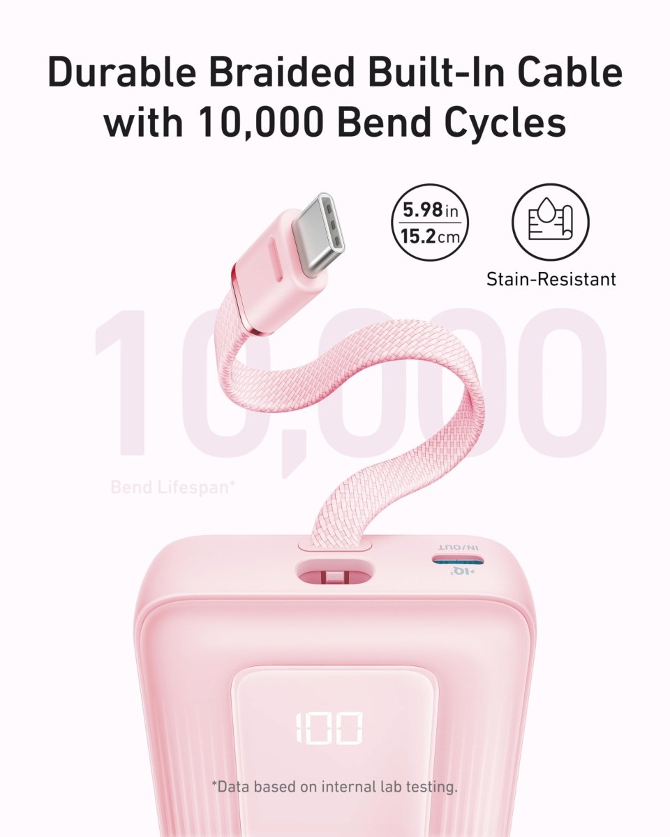 Anker Zolo Power Bank (10K, 30W) with a 5.4 - inch (13.7 cm) built - in USB - C cable. - Cartsfy Inc.