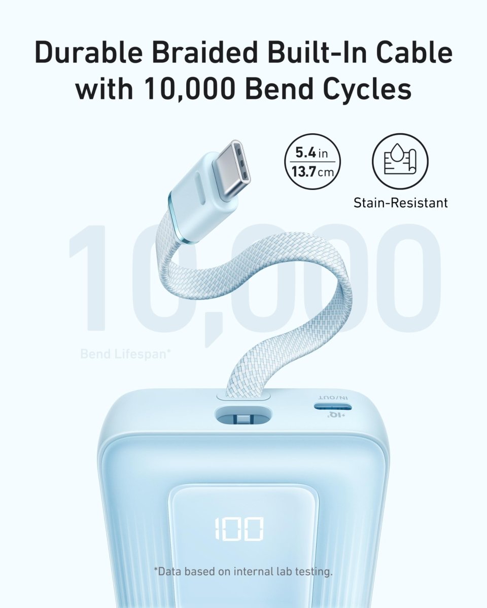 Anker Zolo Power Bank (10K, 30W) with a 5.4 - inch (13.7 cm) built - in USB - C cable. - Cartsfy Inc.