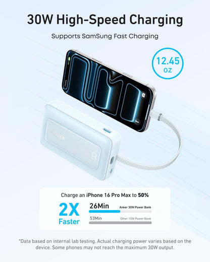 Anker Zolo Power Bank (10K, 30W) with a 5.4 - inch (13.7 cm) built - in USB - C cable. - Cartsfy Inc.