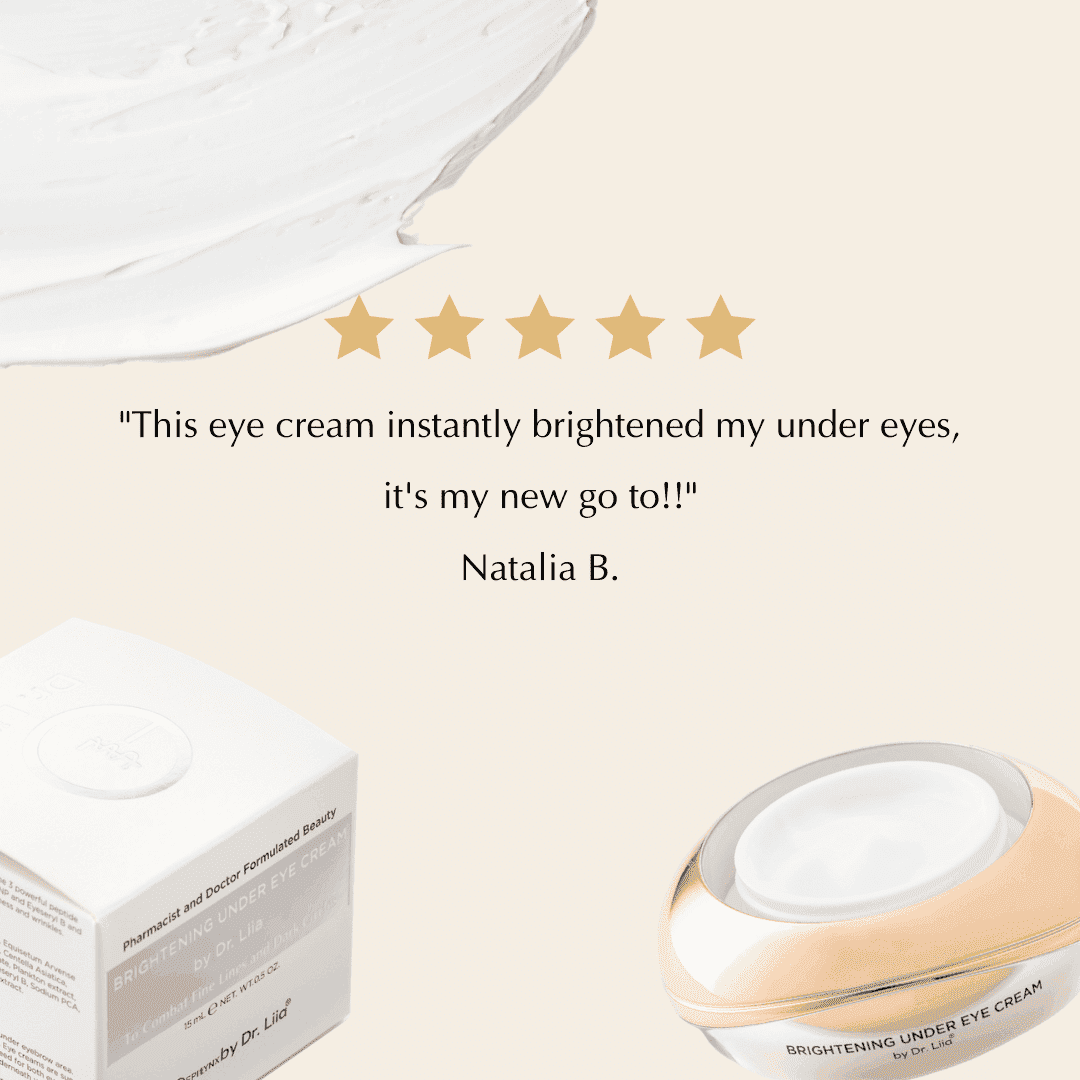 Under-eye cream jar with white cream top and gold accents, with product box