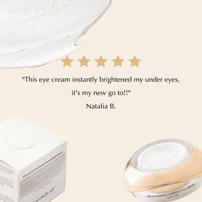 Under-eye cream jar with white cream top and gold accents, with product box