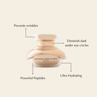 Beige under-eye cream jar with clear top and gold base details