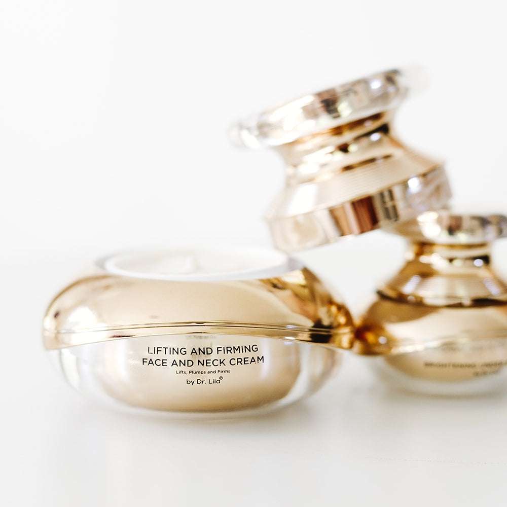 Shiny gold and clear under-eye cream jar with white cream inside