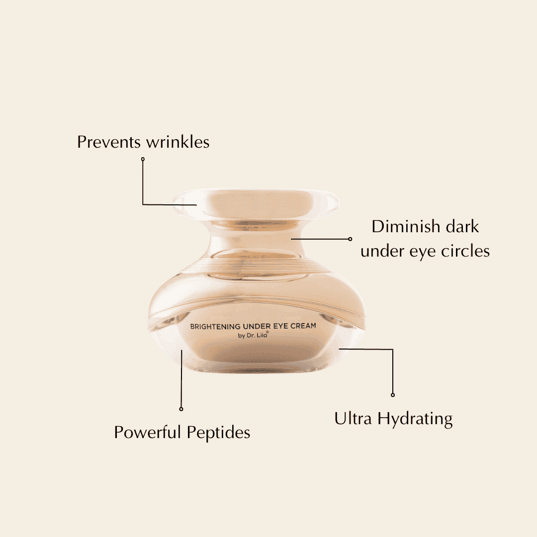 Beige under-eye cream jar with clear top and gold base details