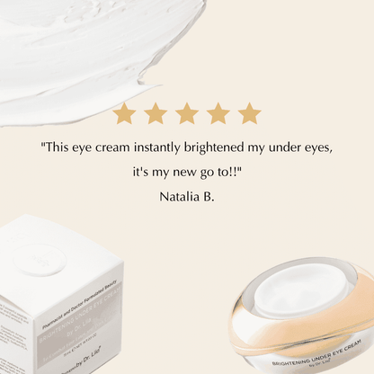 Under-eye cream jar with white cream top and gold accents, with product box