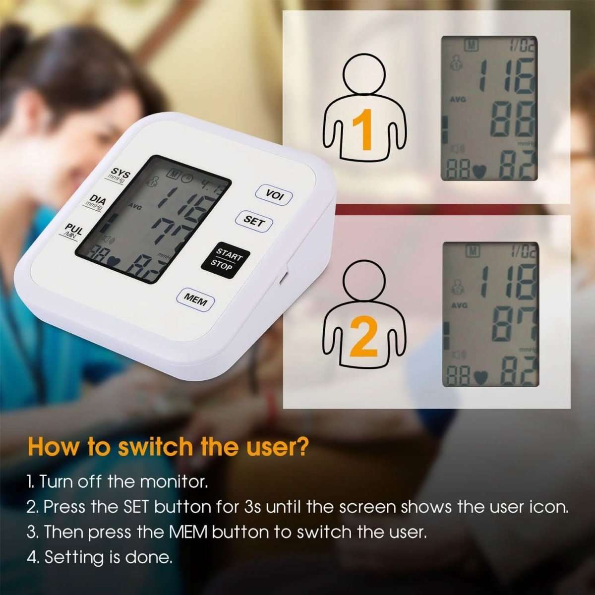 Blood pressure monitor with cuff on arm and LCD readings displayed