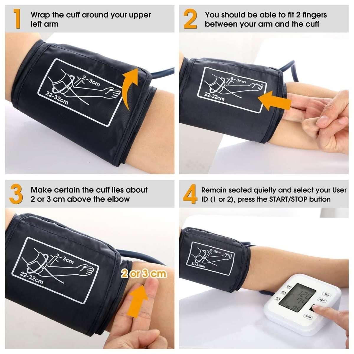 Adjustable arm blood pressure cuff on upper arm with tube connected to monitor