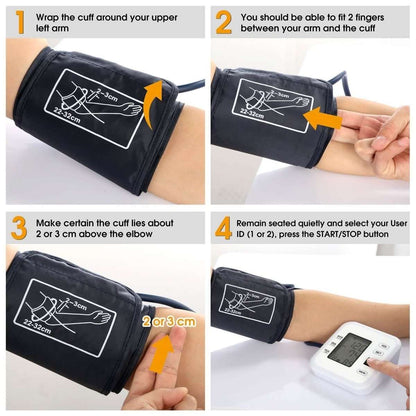 Adjustable arm blood pressure cuff on upper arm with tube connected to monitor