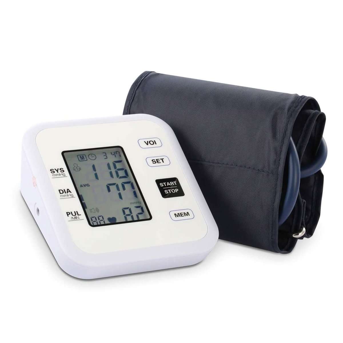 Blood pressure monitor with LCD screen and dark cuff rolled behind it