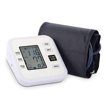 Blood pressure monitor with LCD screen and dark cuff rolled behind it