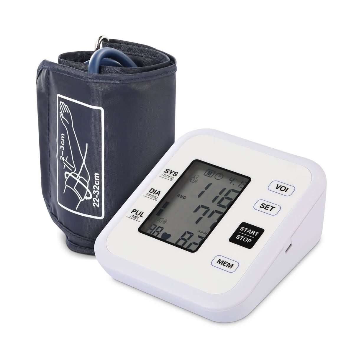Blood pressure monitor device with LCD screen next to black adjustable cuff