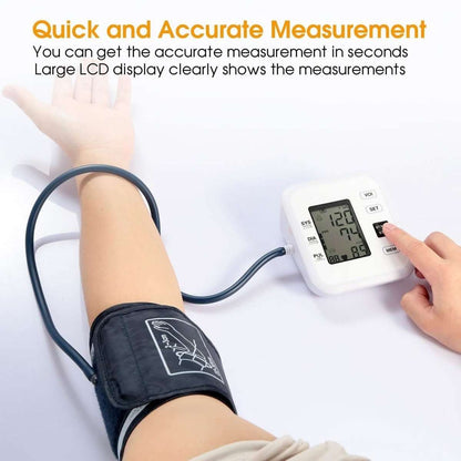 Arm blood pressure monitor with dark cuff and finger-operated LCD control