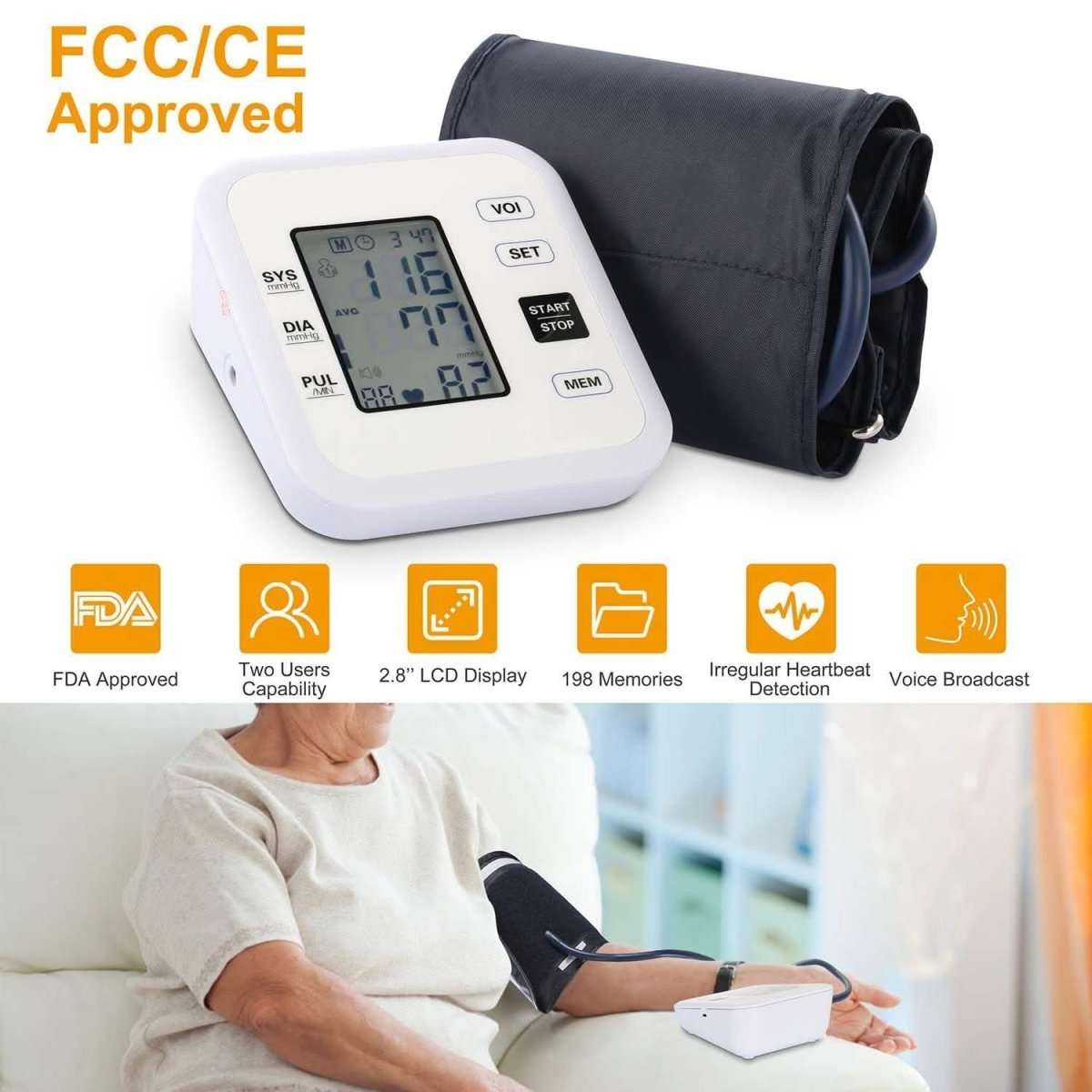 Arm blood pressure monitor with dark adjustable cuff and LCD screen