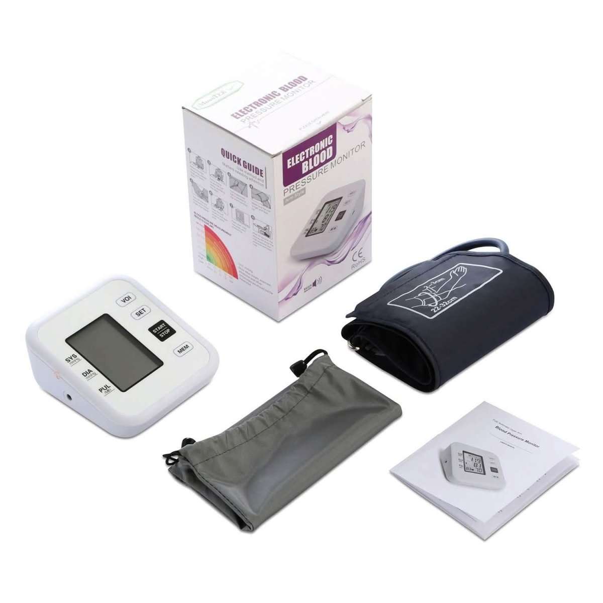 Blood pressure monitor kit with device, dark cuff, storage pouch, and box