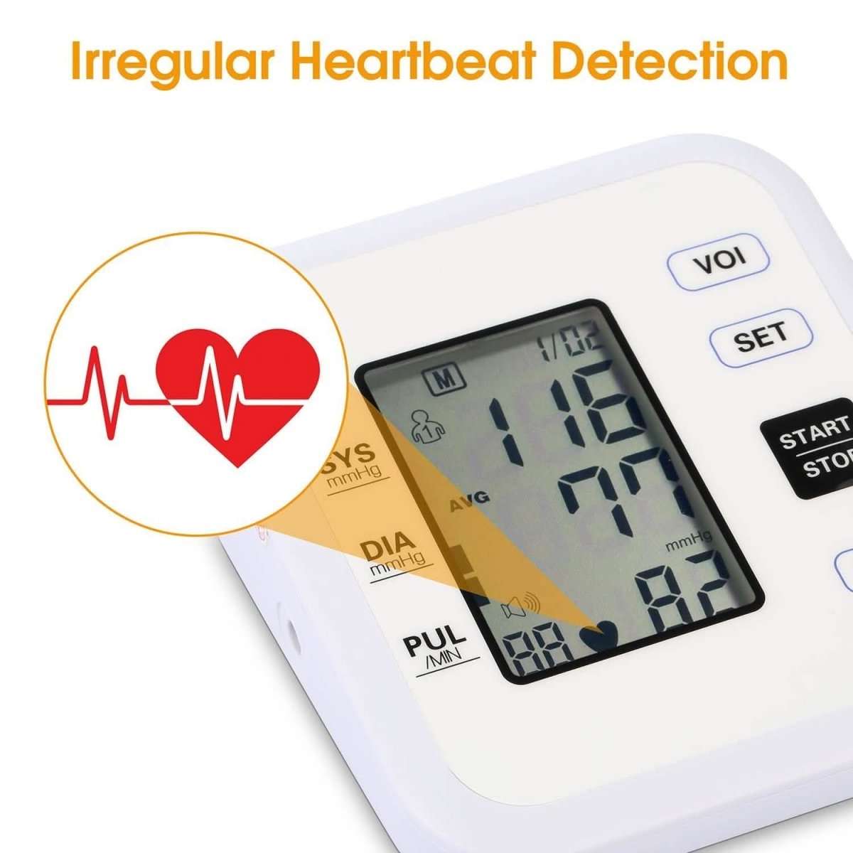Blood pressure monitor with LCD screen showing readings and heart icon graphic