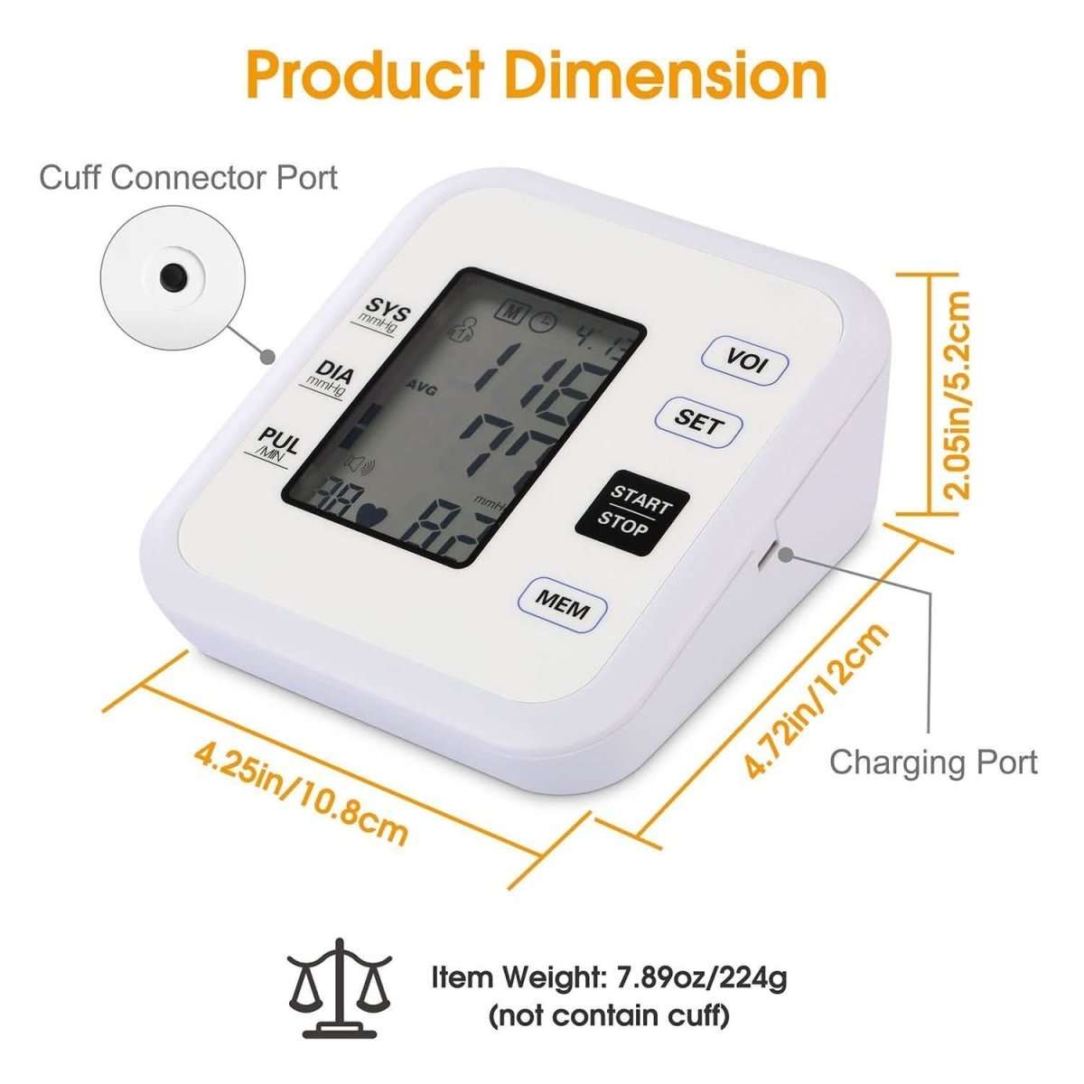 Blood pressure monitor with LCD screen and side view of cuff connector port