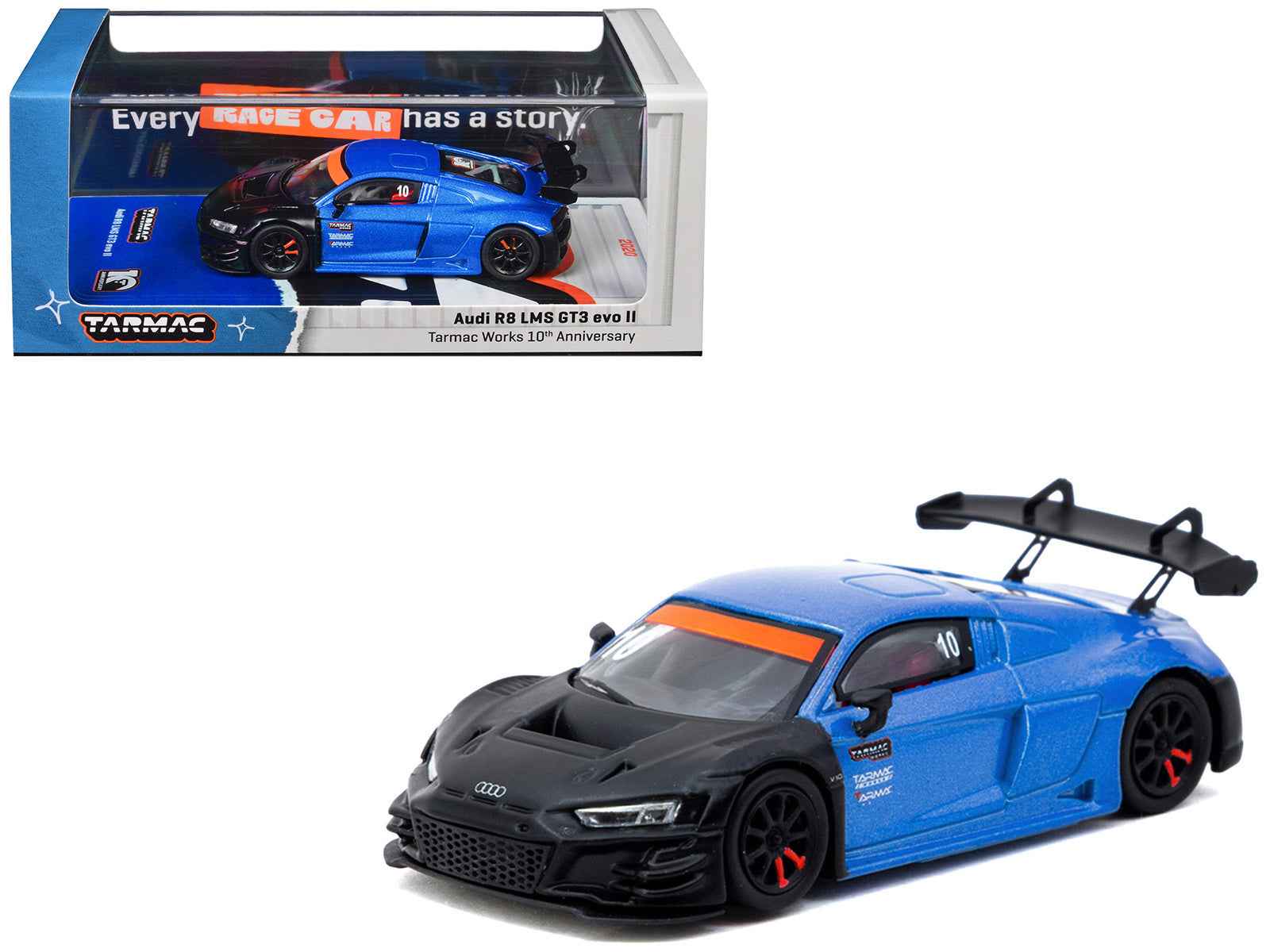 Audi R8 LMS GT3 evo II #10 "Tarmac Works 10th Anniversary" Blue Metallic and Matt Black "Hobby64" Series 1/64 Diecast Model Car by Tarmac Works Cartsfy Inc.