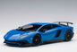 Blue 1:18 scale die-cast sports car, front-left three-quarter view