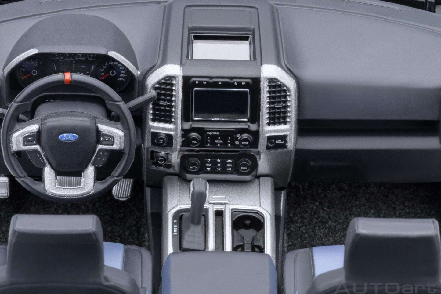1:18 scale pickup truck interior with steering wheel and center console dashboard