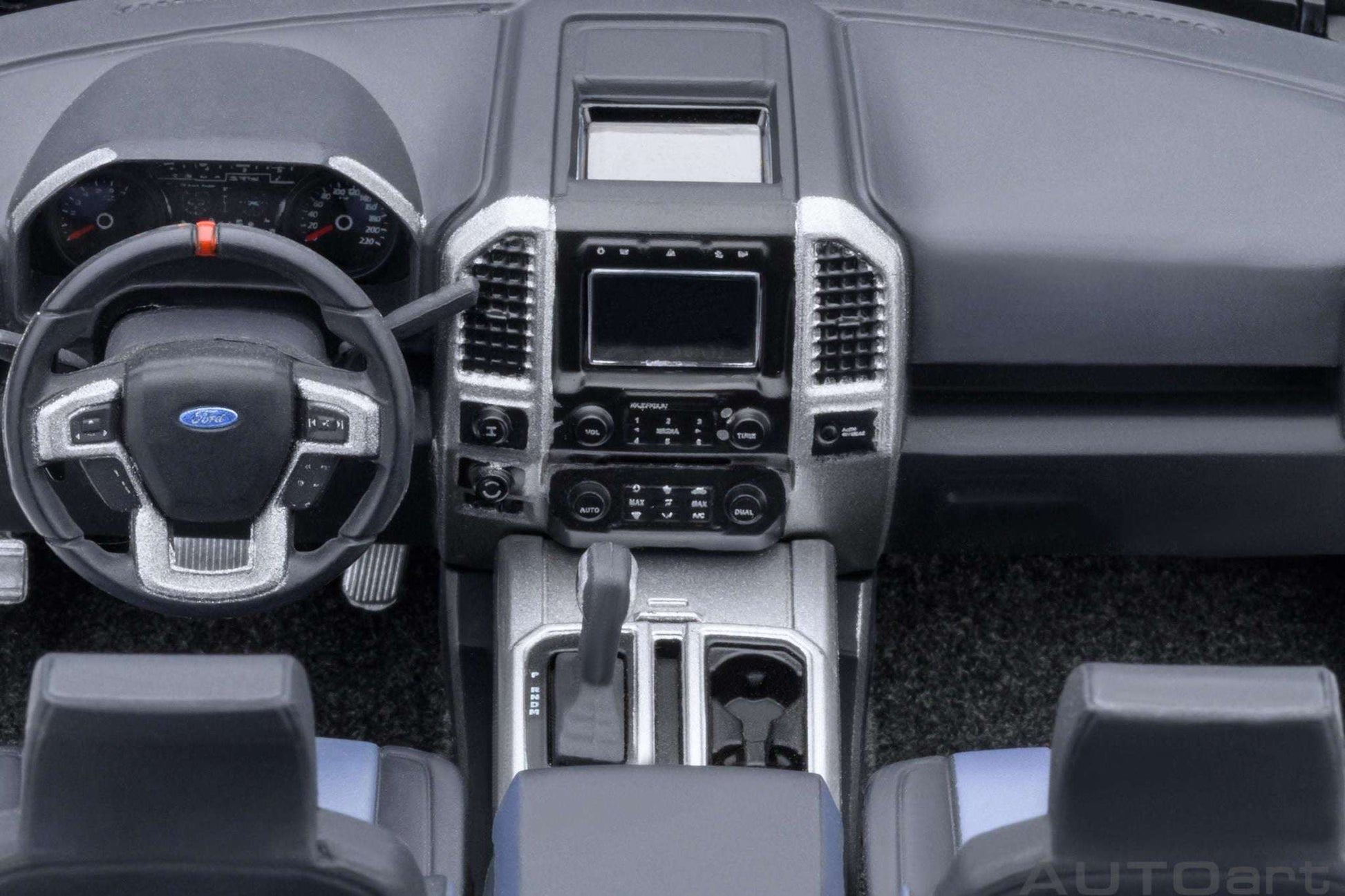 1:18 scale pickup truck interior with steering wheel and center console dashboard