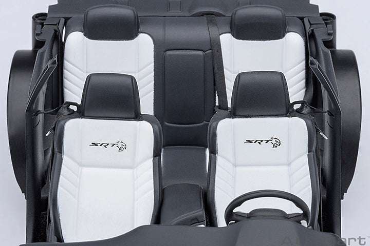 1:18 die-cast sports car seats with black and white upholstery and SRT logo