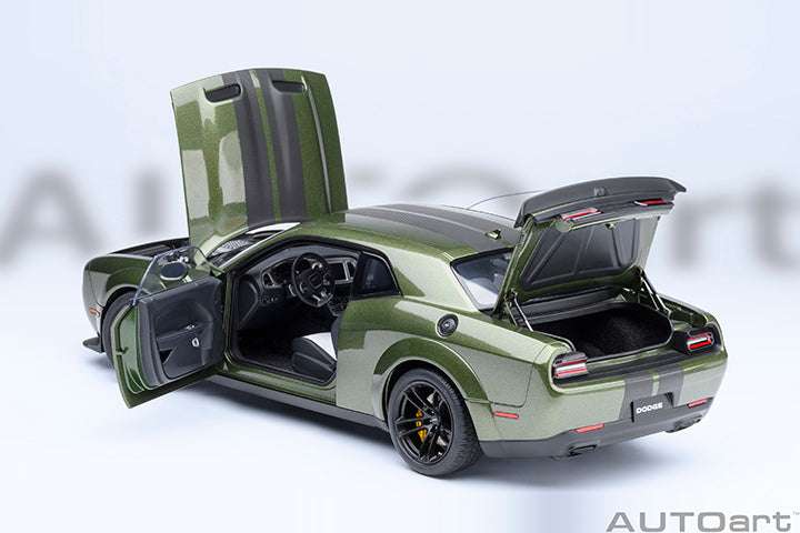 Green 1:18 die-cast sports car with hood and doors open, front three-quarter view