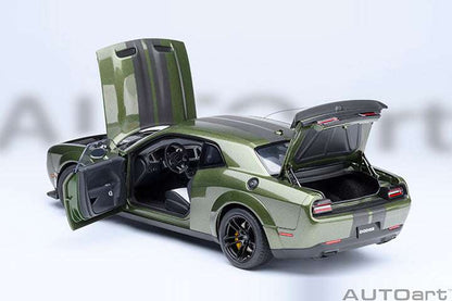 Green 1:18 die-cast sports car with hood and doors open, front three-quarter view
