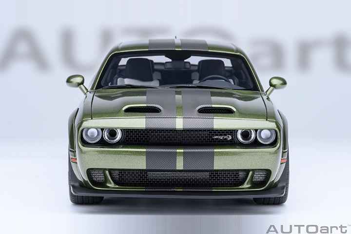 Front view of a green 1:18 scale Dodge Challenger model car with LED headlights.