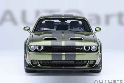Front view of a green 1:18 scale Dodge Challenger model car with LED headlights.