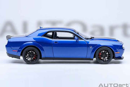 Indigo blue angled rear view die-cast sports car model with black wheels and spoiler