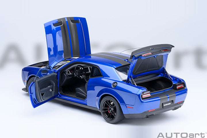 Blue die-cast sports car with hood open, front wheels and black racing stripe accents.