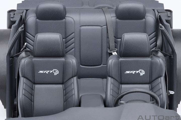 Blue die-cast sports car rear seats with black leather texture and stitched SRT logos.