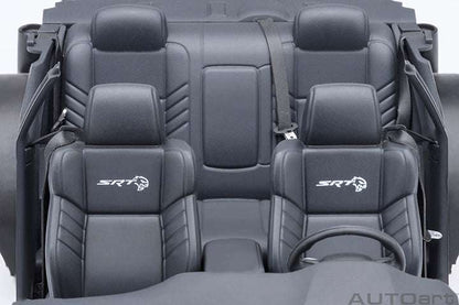 Blue die-cast sports car rear seats with black leather texture and stitched SRT logos.