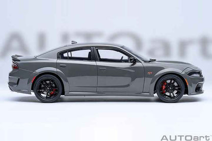 Grey Dodge Charger widebody die-cast model car, side view, black wheels and red accents.