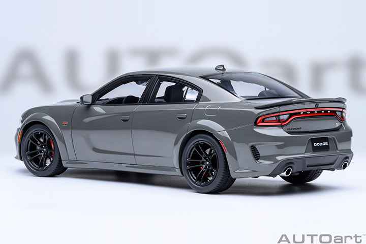 Grey Dodge Charger widebody die-cast model car, rear three-quarter view, black wheels.