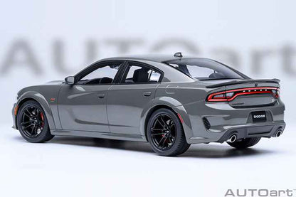 Grey Dodge Charger widebody die-cast model car, rear three-quarter view, black wheels.