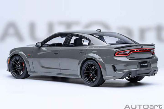 Grey Dodge Charger widebody die-cast model car, rear three-quarter view, black wheels.
