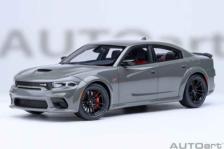 Grey Dodge Charger widebody die-cast model car, front three-quarter view, black wheels.