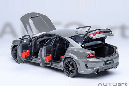 Gray die-cast Charger model in 3/4 rear view with doors open and hood raised.