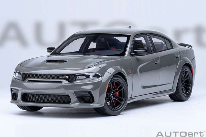 Gray die-cast Charger model in front 3/4 view with mesh grille and black hood vents.