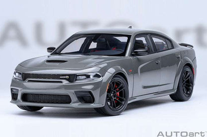 Gray die-cast Charger model in front 3/4 view with mesh grille and black hood vents.