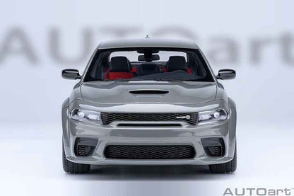 Grey Dodge Charger widebody die-cast model car, front view, mesh grille and headlights.