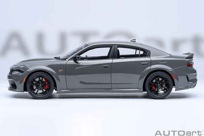 Grey Dodge Charger widebody die-cast model car, side profile, black wheels and stripes.